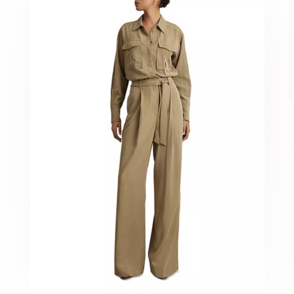Reiss Liliana Wide Leg Jumpsuit in Khaki Size 8.